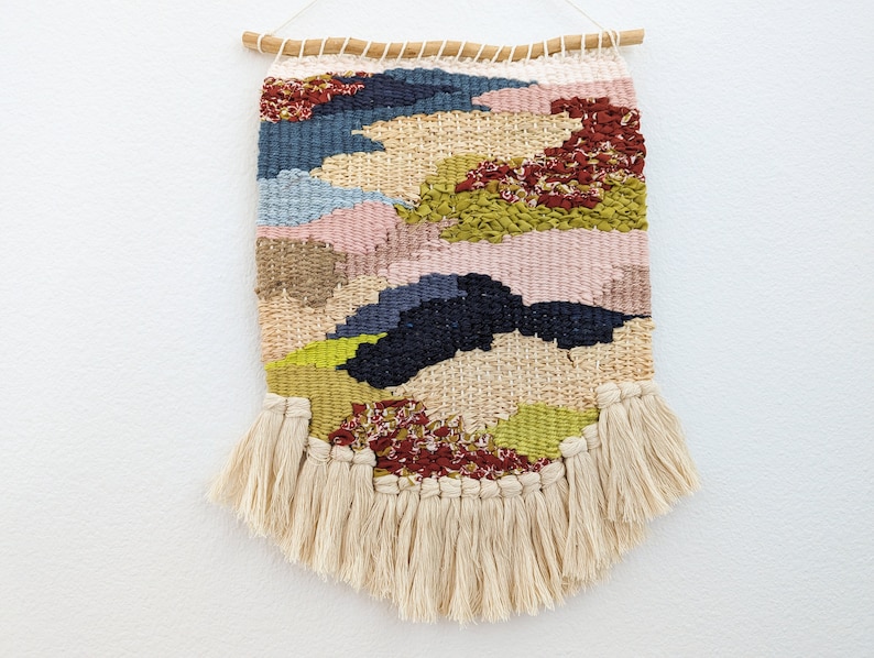 Wall Weaving/Hanging Woven Tapestry Batik Print Fabric, Olive Green, Burgundy Raffia Boho Fiber Art Handwoven Weave Nursery ArtY image 1
