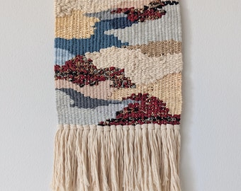 Wall Weaving/Hanging - Woven Tapestry - Batik Print Fabric, Red, Camel, Blue, Grey - Raffia - Boho Fiber Art - Handwoven Weave - Art (B2)