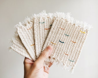 Confetti Hand Woven Coaster Set - Teal, Yellow, Pink-Beige, Mustard Gold - Handmade Colorful Weaving - Boho Mug Rugs - Scandi/Scandinavian