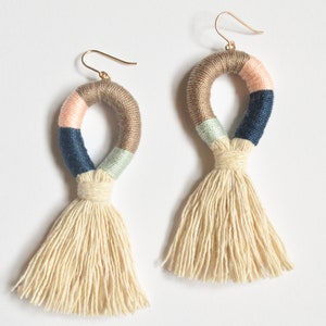 Statement Tassel Earrings Handmade Cotton Wrapped Fiber Fringe Multicolor, Blue, Peach, Brown Bridesmaid Gold Filled, Sensitive Ears image 1