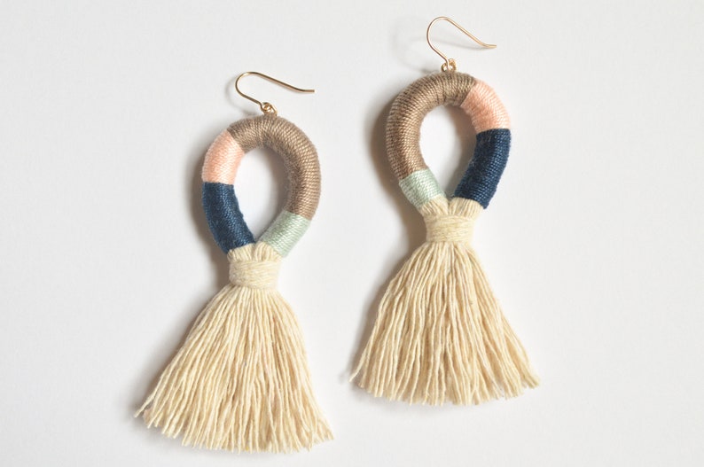 Statement Tassel Earrings Handmade Cotton Wrapped Fiber Fringe Multicolor, Blue, Peach, Brown Bridesmaid Gold Filled, Sensitive Ears image 1