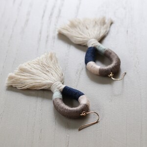 Statement Tassel Earrings Handmade Cotton Wrapped Fiber Fringe Multicolor, Blue, Peach, Brown Bridesmaid Gold Filled, Sensitive Ears image 4