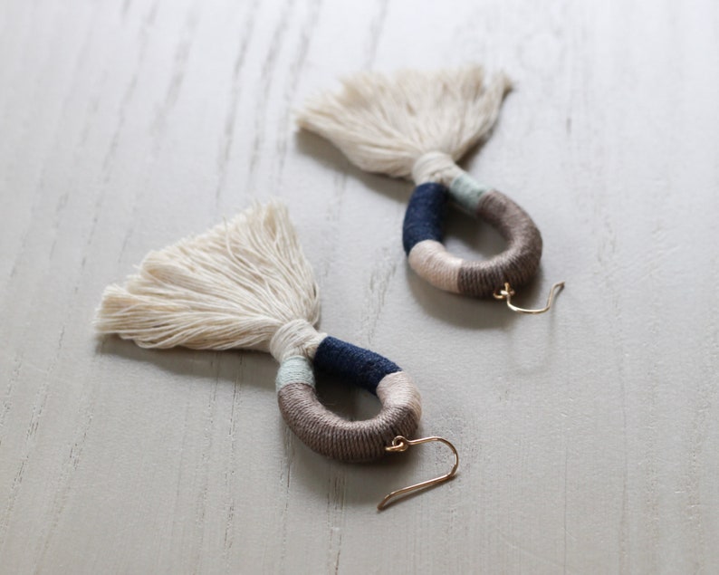 Statement Tassel Earrings Handmade Cotton Wrapped Fiber Fringe Multicolor, Blue, Peach, Brown Bridesmaid Gold Filled, Sensitive Ears image 4