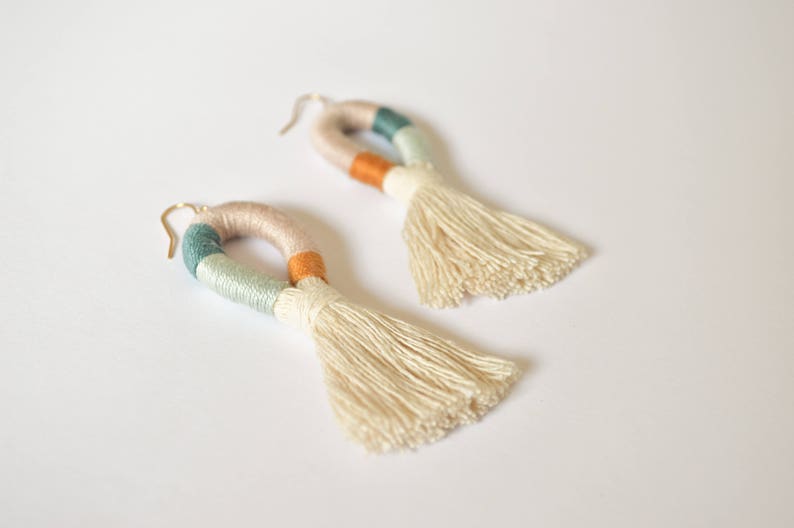 Wrapped Multicolor Tassel/Fringe Earrings Modern Handmade Fiber Jewelry Teal Gold Mint Blue Mauve Large Statement Boho Bridesmaid image 5