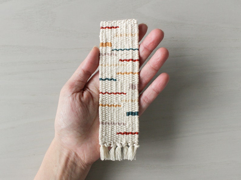 Handwoven Bookmark Rust, Mauve, Blue-Green, Gold, Beige Hand Woven Cotton Modern, Geometric, Multicolor Bookworm, Book Lover Gift image 4