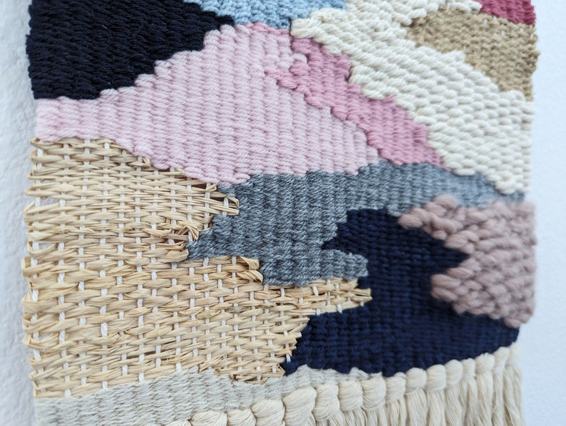 Wall Weaving/Hanging Woven Tapestry Lavender, Blue, Grey, Mauve Raffia, Jute Boho Fiber Art Handwoven Weave Nursery ArtW image 4