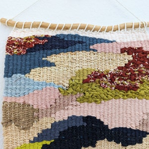 Wall Weaving/Hanging Woven Tapestry Batik Print Fabric, Olive Green, Burgundy Raffia Boho Fiber Art Handwoven Weave Nursery ArtY image 3
