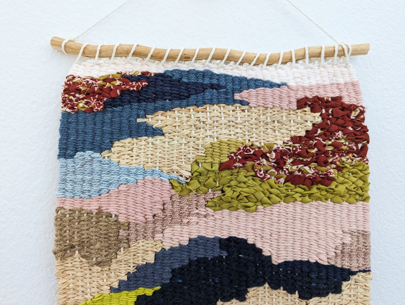 Wall Weaving/Hanging Woven Tapestry Batik Print Fabric, Olive Green, Burgundy Raffia Boho Fiber Art Handwoven Weave Nursery ArtY image 3