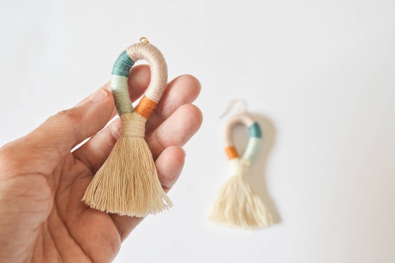 Wrapped Multicolor Tassel/Fringe Earrings Modern Handmade Fiber Jewelry Teal Gold Mint Blue Mauve Large Statement Boho Bridesmaid image 3