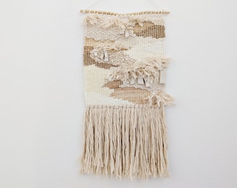 Wall Weaving / Hanging - Woven Tapestry - Ceramic Medallions - Cream, White - Raffia, Jute, Cotton - Boho Fiber Art - Handwoven Weave(Q)