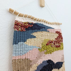 Wall Weaving/Hanging Woven Tapestry Batik Print Fabric, Olive Green, Burgundy Raffia Boho Fiber Art Handwoven Weave Nursery ArtY image 4