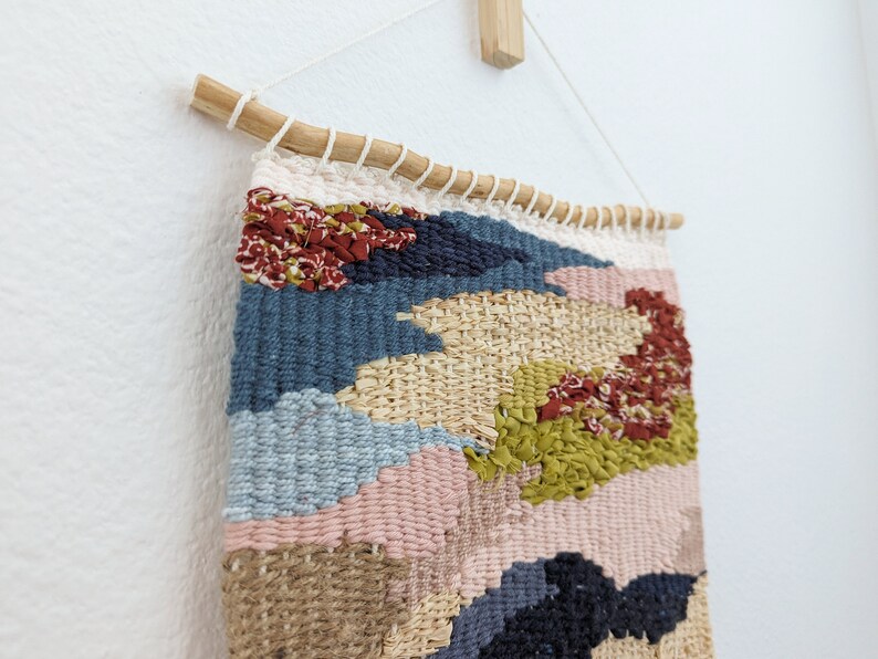 Wall Weaving/Hanging Woven Tapestry Batik Print Fabric, Olive Green, Burgundy Raffia Boho Fiber Art Handwoven Weave Nursery ArtY image 4