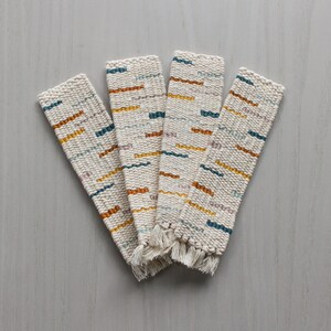 Hand Woven Bookmark Mustard, Teal, Yellow, Pale Blue, Mauve Modern, Multicolor, Geometric Handwoven Cotton Bookworm, Book Lover Gift image 2