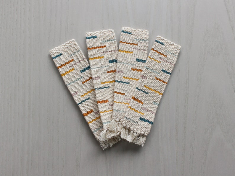 Hand Woven Bookmark Mustard, Teal, Yellow, Pale Blue, Mauve Modern, Multicolor, Geometric Handwoven Cotton Bookworm, Book Lover Gift image 2