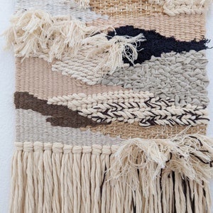 Wall Weaving / Hanging Woven Tapestry Neutral, Tan, Black, Camel Raffia, Cotton, Boho Fiber Art Handwoven Weave Nursery ArtT image 5