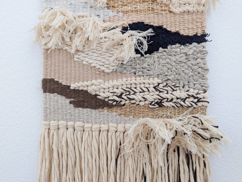 Wall Weaving / Hanging Woven Tapestry Neutral, Tan, Black, Camel Raffia, Cotton, Boho Fiber Art Handwoven Weave Nursery ArtT image 5