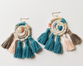 Statement Tassel Earrings - Large Multicolor Fringe Earrings - Handmade Wrapped Rope, Fabric - Teal/Blue/Green, Peach, Neutral - Gold Filled