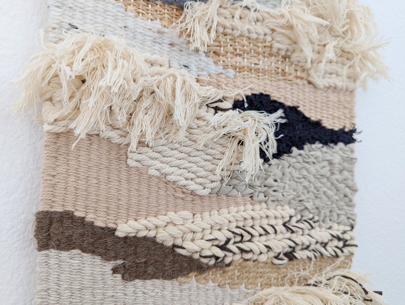 Wall Weaving / Hanging Woven Tapestry Neutral, Tan, Black, Camel Raffia, Cotton, Boho Fiber Art Handwoven Weave Nursery ArtT image 3