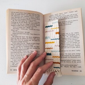 Hand Woven Bookmark Mustard, Teal, Yellow, Pale Blue, Mauve Modern, Multicolor, Geometric Handwoven Cotton Bookworm, Book Lover Gift image 3