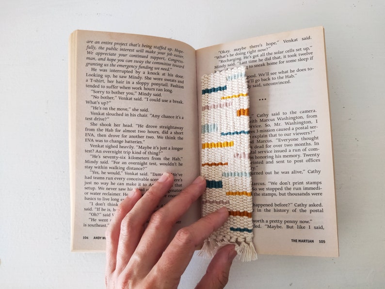 Hand Woven Bookmark Mustard, Teal, Yellow, Pale Blue, Mauve Modern, Multicolor, Geometric Handwoven Cotton Bookworm, Book Lover Gift image 3