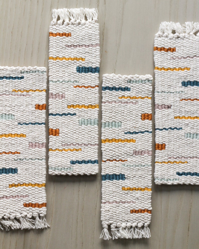 Hand Woven Bookmark Mustard, Teal, Yellow, Pale Blue, Mauve Modern, Multicolor, Geometric Handwoven Cotton Bookworm, Book Lover Gift image 6