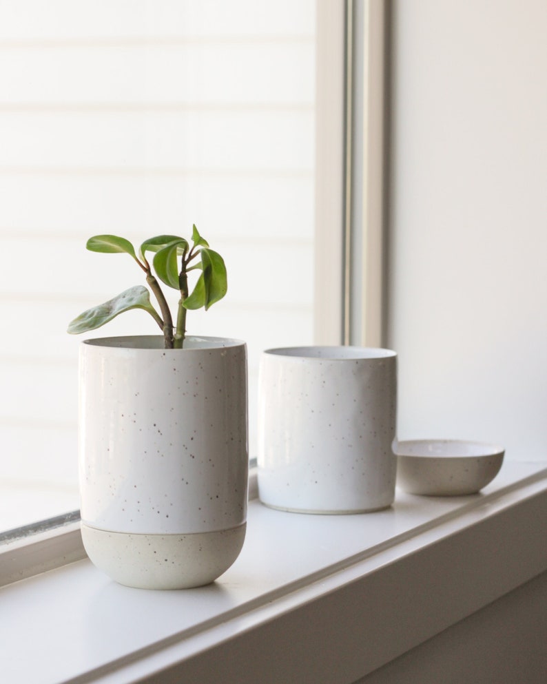 Speckled Ceramic Planter with Inbuilt Dish Plant Saucer Tray Modern Handmade Pottery White Clay Flower Pot Succulent/Indoor Garden image 3