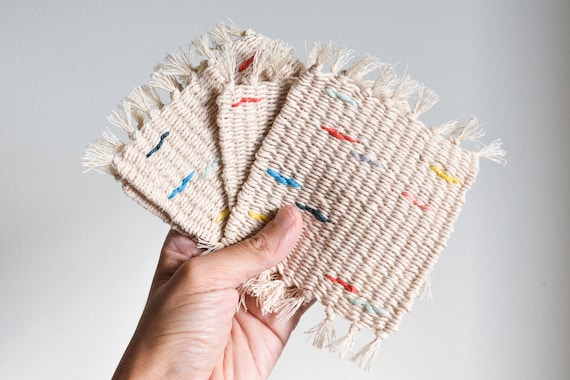Confetti Hand Woven Coaster Set - Handmade Colorful Cotton Weaving - Boho Mug Rugs - Pink, Peach, Blue, Yellow, Grey - Scandi/Scandinavian