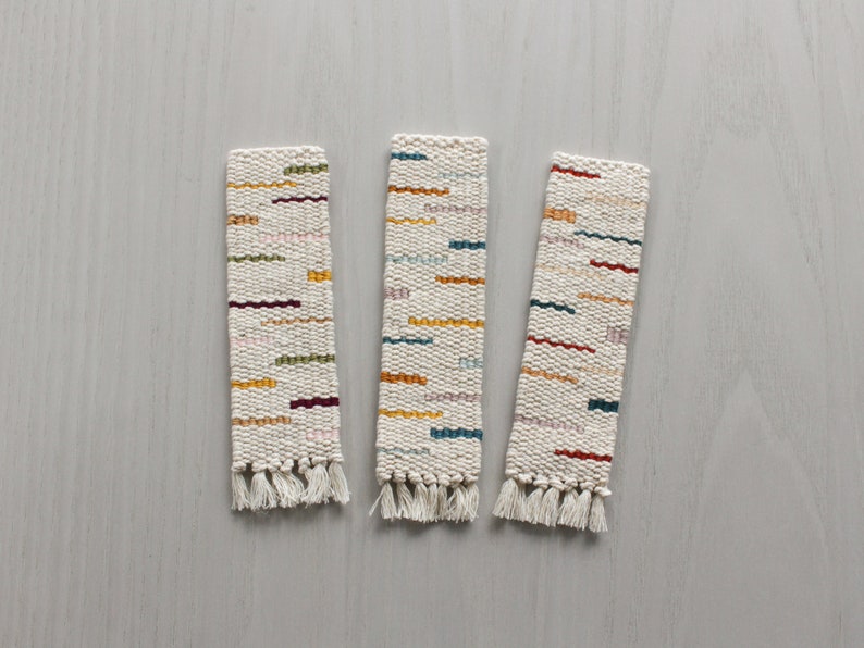 Hand Woven Bookmark Mustard, Teal, Yellow, Pale Blue, Mauve Modern, Multicolor, Geometric Handwoven Cotton Bookworm, Book Lover Gift image 7