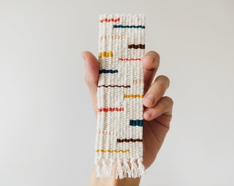 Handwoven Bookmark - Coral Pink, Teal, Brown, Yellow, Peach - Hand Woven Cotton - Modern, Geometric, Colorful - Bookworm, Book Lover Gift