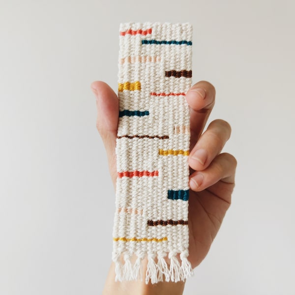 Handwoven Bookmark - Coral Pink, Teal, Brown, Yellow, Peach - Hand Woven Cotton - Modern, Geometric, Colorful - Bookworm, Book Lover Gift