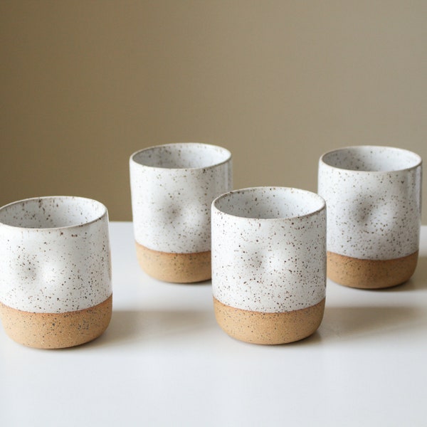 Speckled Ceramic Cup with Thumb Hold - Clay/Pottery - Dimpled Tumbler/Water Glass/Mug - White Glaze - Handmade - Wheel Thrown - Modern