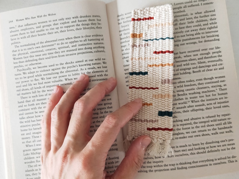 Handwoven Bookmark Rust, Mauve, Blue-Green, Gold, Beige Hand Woven Cotton Modern, Geometric, Multicolor Bookworm, Book Lover Gift image 1