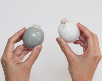 Ceramic Salt & Pepper Shakers - Small Round Speckled Spheres with Cork Stoppers - White and Grey Modern Handmade Pottery - Mini Table Decor