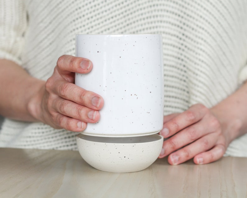 Speckled Ceramic Planter with Inbuilt Dish Plant Saucer Tray Modern Handmade Pottery White Clay Flower Pot Succulent/Indoor Garden image 6