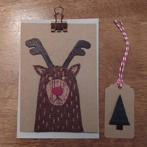 Reindeer Christmas Card - biglietto di Natale fatto a mano, biglietto di renna Rudolph, biglietto di auguri in pelle, biglietto invernale stagionale