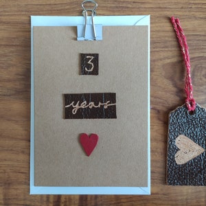 Tarjeta de aniversario de 3 años hecha a mano, tarjeta de cuero para el tercer aniversario, tarjeta de cuero para el tercer aniversario de bodas