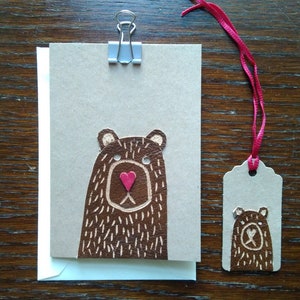 Bear Love Card - little leather bear handmade greetings card, bear animal lover card, 3rd year leather anniversary card, valentines day card