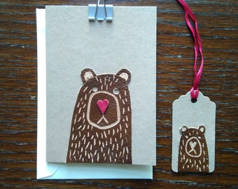 Bear Love Card - little leather bear handmade greetings card, bear animal lover card, 3rd year leather anniversary card, valentines day card