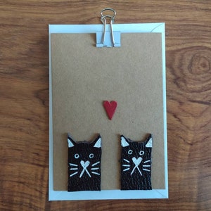 Handmade Cat Love Card - little leather kitty cat love greetings card, animal lover card, leather anniversary card, third anniversary card
