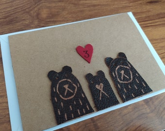 Baby Bear&#39;s Love Leather Anniversary Card, third year anniversary card, 3rd wedding anniversary leather card, anniversary gift, love card