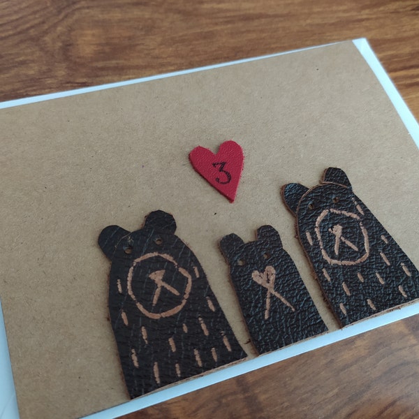 Baby Bear's Love Leather Anniversary Card, third year anniversary card, 3rd wedding anniversary leather card, anniversary gift, love card