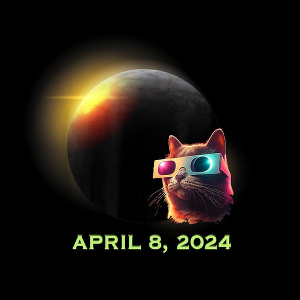 Chat drôle éclipse solaire portant des lunettes éclipse solaire 2024 PNG numérique. (Uniquement pour les t-shirts noirs)