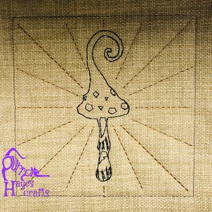 May include: A black and white line drawing of a mushroom with a curled top on a brown hessian background. The mushroom is surrounded by a grid of black lines.