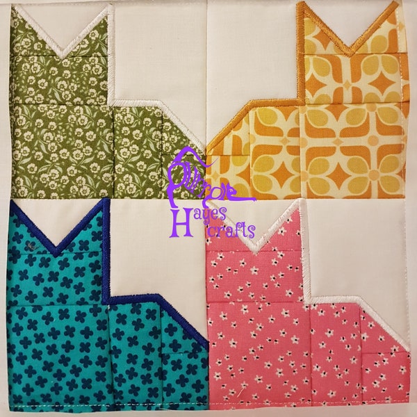 ITH Cat quilt block machine embroidery design (4x4, 5x5, 6x6 & 8x8)
