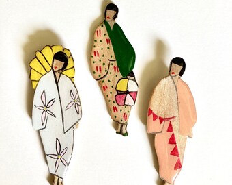Character brooches of your choice eco-responsible wooden kimono retro chic poetic craft gift idea made in France