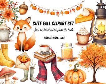 Op de afbeelding: Waterverfillustratie van een herfst-thema clipartset. Bevat een vos, pompoenen, een lantaarn, een stuk taart, een kopje koffie, een kaars en andere herfst-elementen. De tekst "CUTE FALL CLIPART SET" wordt weergegeven.