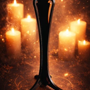 May include: A black, decorative stand with a tall, slender design and a three-pronged base. The stand is set against a backdrop of softly glowing candles, creating a warm, ambient light. The overall theme suggests a mystical or spiritual setting.
