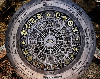 Wiccan Wheel of the Year in Engraved Wood – Cycle of Sabbats & Esoteric Symbols – Wiccan Esotericism – Magic and Witchcraft – Mystical Gift