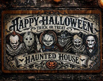 May include: A rectangular wooden sign featuring the text "HAPPY HALLOWEEN TRICK OR TREAT" and "HAUNTED HOUSE" with a central illustration of six horror movie characters, including a clown, a masked figure, a doll, and a puppet, with a pumpkin icon.