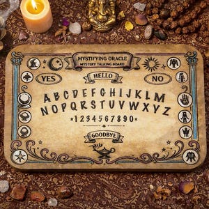 Mystical Ouija Board in Engraved Wood – Talking Table Inspired by Ancient India, Spiritual Altar Decoration, Divination and Sacred Meditation